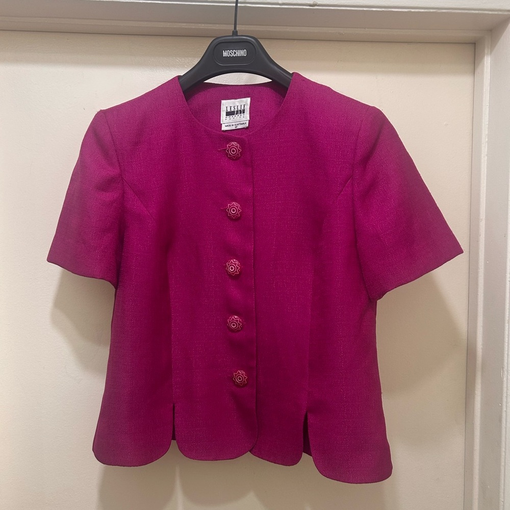 Vintage Leslie Fay Fuchsia Short Sleeve Blazer Top Sz 8 Petite Power Suit Jacket